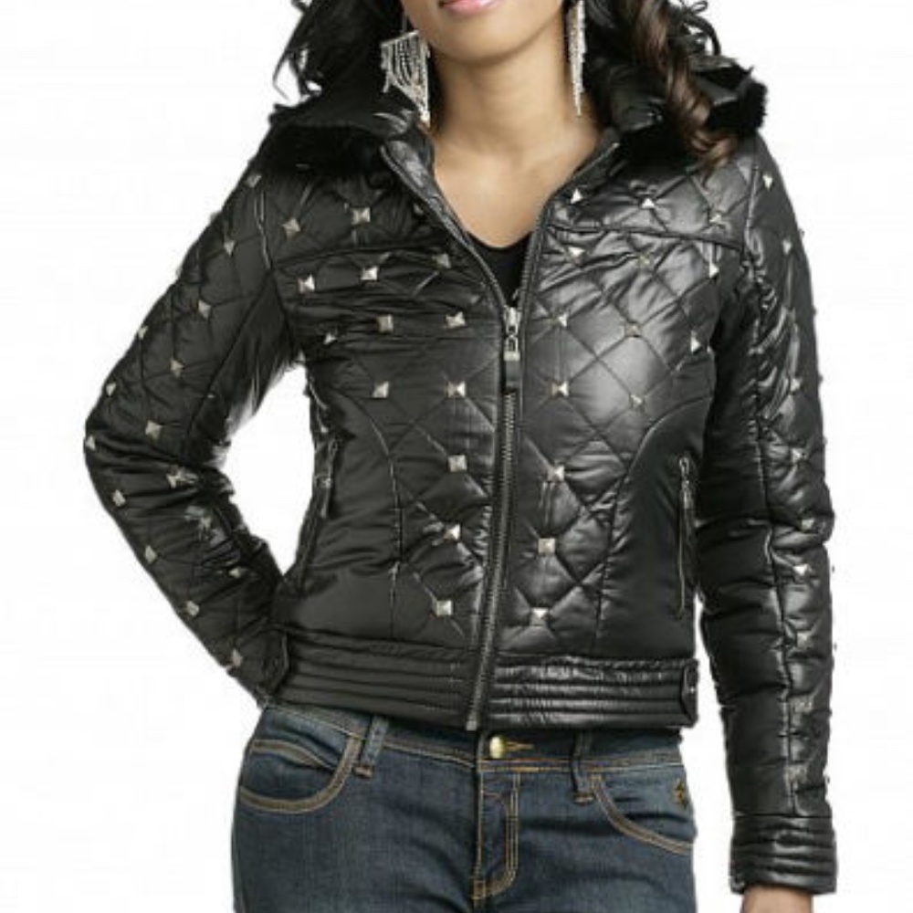 NEW ROCAWEAR  Studded Y2K Black fur trim Puffer Quilted Jacket Medium M